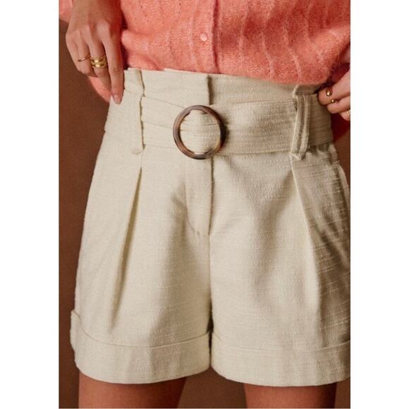 Sezane New Rome Ecru Cream High Waisted Pleated Belted Shorts Women’s Size 4 - Picture 2 of 8